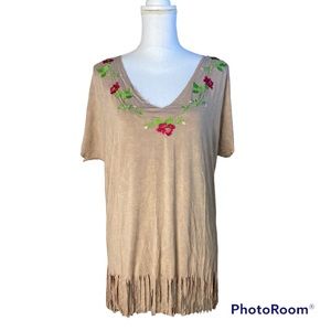 POL Tan Floral Embroidery Raw Edge Fringe V Neck Top Medium NWT